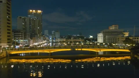 Low Angle Shot of Jones Bridge, Beautiful Lights at Night, Binondo Manila Stock Footage 237995228