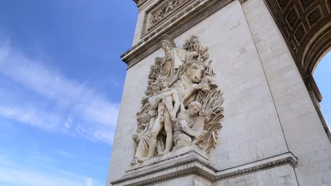 Low angle shot of La Paix, one of the sulptures of the Arc de Triomphe Stock Footage 105520036