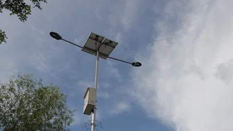 Low angle shot of LED street light with solar panel Stock Footage 106574533