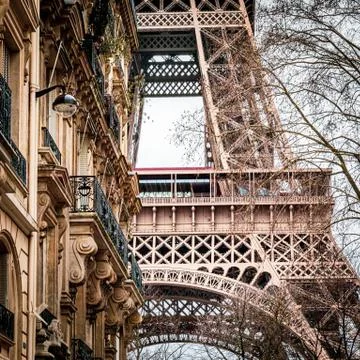 A low angle shot of the magnificent Eiffel Tower and historical buildings cap Stock Photos