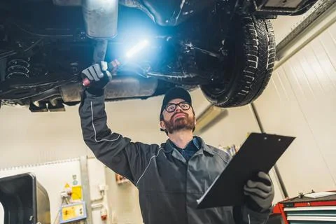 Low angle shot. A mechanic looking at a car's undercarriage. Medium shot. Repair Stock Photos