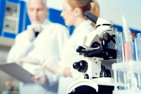 Low angle shot of microscope in lab Stockfoto's