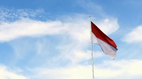 Low angle shot. A moment of an aircraft flew over the Indonesian flag. Stock Footage 247941492