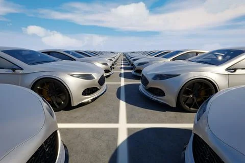 Low angle shot of new shiny generic brandless sports cars on parking lot for Stock Illustration