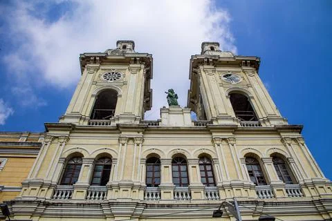 Low angle shot of an old clock tower in Colombia, Barranquilla architecture Fotos de archivo