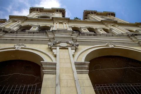 Low angle shot of an old clock tower in Colombia, Barranquilla architecture Fotos de archivo