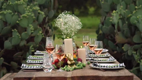 Low angle shot of an outdoor dining table setup and decorated for the holidays Video stock 140554139