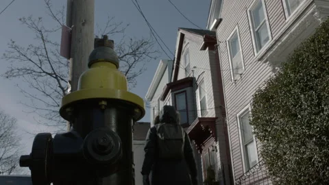Low-angle shot of pedestrian walking past a fire hydrant in Boston, USA Vidéo 202890308