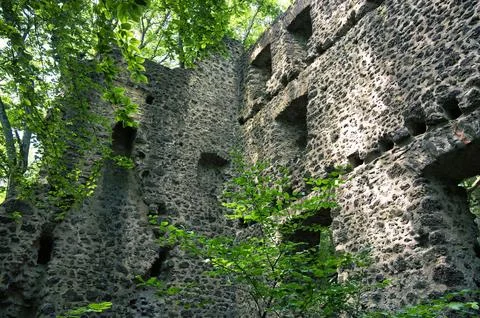 Low angle shot of Ramstein Castle in a green forest in Kordel, Germany Stock Photos