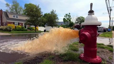 A low angle shot of a red and white fire hydrant spraying rusty water onto Vidéo 276202807