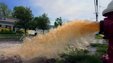 A low angle shot of a red and white fire hydrant spraying rusty water onto Vidéo 276203356