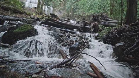 Low angle shot of rushing creek water at the base of Bridal Veil Falls in Video stock 333012616