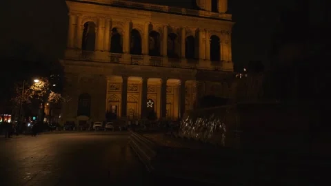 Low Angle Shot of Saint-Sulpice Facade Lit at Night Stock Footage 319002894