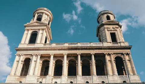 Low angle shot of the Saint-Sulpice Catholic church in Paris, France 写真素材