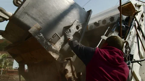 Low Angle Shot of Sanitation Worker Operating Waste Container Lift of a garbage Stock Footage 342749035