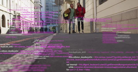 Low-angle shot showing two friends walking exploring facade causing tech overlay Video stock 310825851