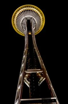 A low angle shot of the Space Needle in Seattle, Washington.The Needle is l.. Stock Photos