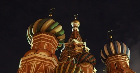 Low angle shot of St Basil's Cathedral At Night, Red Square, Moscow, Russia. Stock Footage 99608309