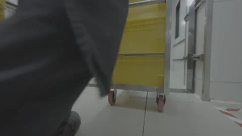 Low angle shot of staff moving trolleys in an industrial kitchen Stock-Footage 327353250