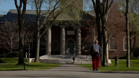 Low angle shot of students carrying coffee and bags with historic building in Stock Footage 77379199