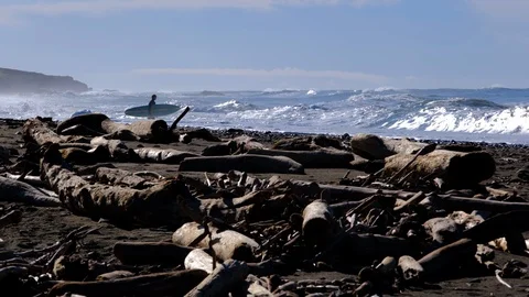 Low angle shot of surfer standing at edge of water preparing to paddle out - Vídeos de archivo 108608853