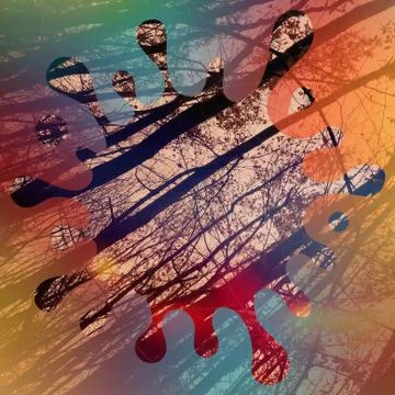 A low angle shot of tall dry trees with a colorful outline of a cartoon splas Stock Illustration