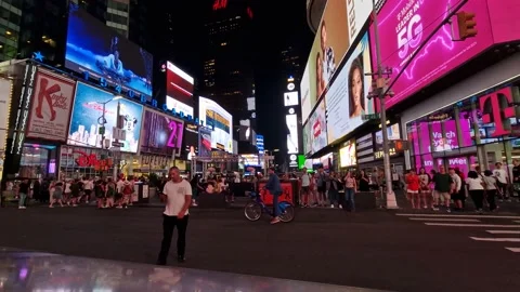 Low angle shot of Times Square street with billboard  New York City Stock Footage 228321318
