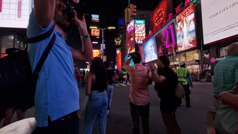 Low angle shot of Times Square street with billboard  New York City Stock Footage 228321409