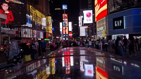 Low angle shot of Times Square street with billboard  New York City Stockbeeldmateriaal 228321460