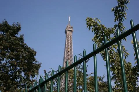 Low angle shot of the top of the Eiffel Tower through trees, Paris, France Stock Photos