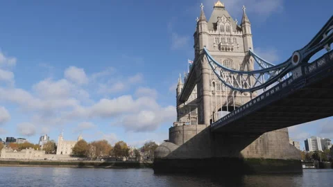 A low angle shot of the Tower Bridge on a sunny autumn day. Stock Footage 284053141