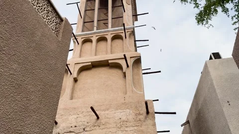 Low angle shot of traditional barjeel windtower in Old Dubai, UAE Stock Footage 329327101