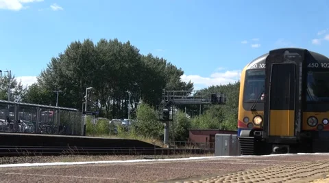 Low angle shot of Train pulling into station Stock Footage 66861955