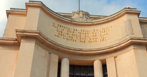 Low angle shot of Trocadero left right wing writings in Paris, France Stock Footage 238716762