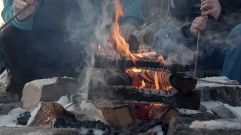 Low angle shot of two guys grilling hotdogs outdoors during winter Stock Footage 233546509