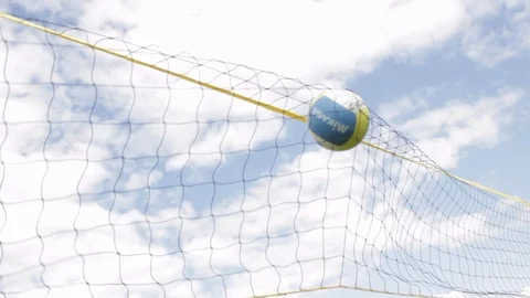Low angle shot of volleyball net against blue cloudy sky during a volley Stock-Footage 107629218