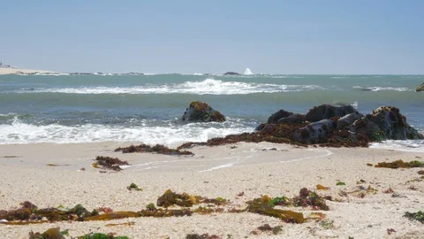 Low angle shot of waves crashing on a sandy beach on a sunny summer day Stock Footage 95362313