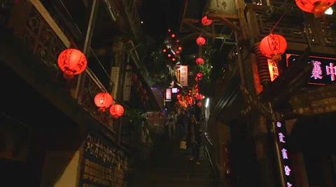 Low angle - Shuchi street red lanterns Stock Footage 38521489