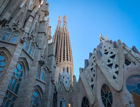 Low angle side view of Sagrada Familia  in Barcelona, Spain.  Stock Photos