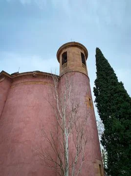 Low angle side view to the tower on pink building in Ciutadella Park, Barcelona, Stock Photos