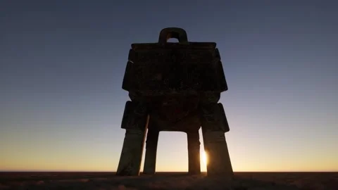 Low Angle Silhouette of Ancient Bronze Ritual Vessel at Sunset Stockbeeldmateriaal 339062601