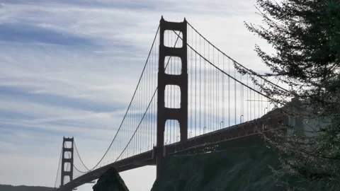 Low angle slow motion Famous red Golden Gate Bridge San Francisco at day time Stock Footage 148850816