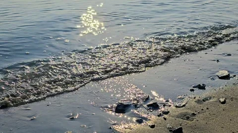 Low Angle Small Waves with Sunlight Sparkle on Sandy Shore, 4K Vídeos de archivo 330035505