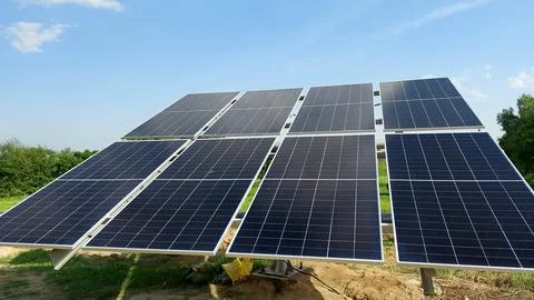 Low angle solar panels capturing sunlight for sustainable rural energy Foto stock