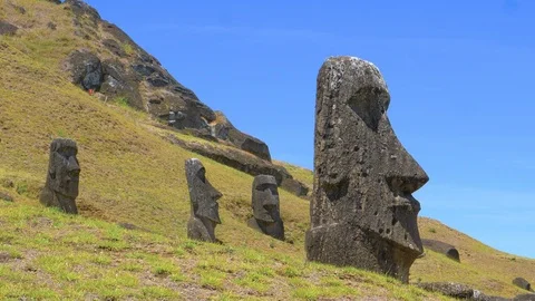 LOW ANGLE: Spectacular view of legendary monolithic structures called moais Stock Footage 111229975