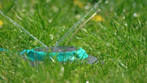 Low angle sprinkler activating and spraying cross jets through lush grass blades Stock Footage 344868735
