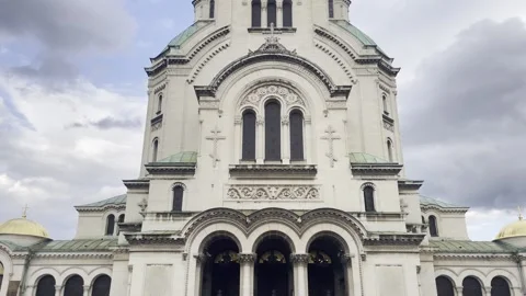 Low Angle St Alexander Nevsky Cathedral Facade Sofia Bulgaria Historic Stock-Footage 344477760