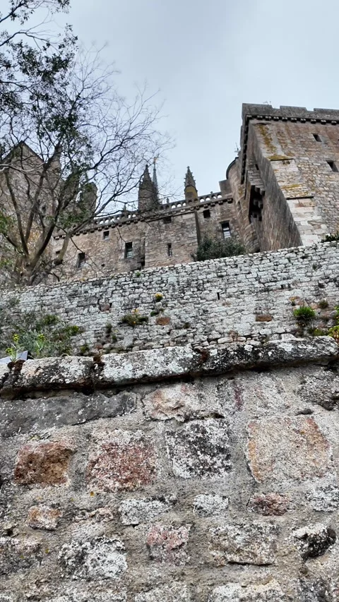 Low angle static shot of the Mont Saint-Michel Abbey towering over traditional s Vídeos de archivo 332724149
