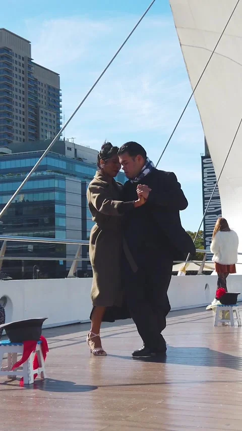 Low Angle Static Slow Motion Tango Couple Close Up at Puente de la Mujer Buenos Video stock 336782977