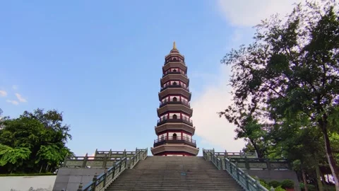 Low angle steady shot of traditional Chinese pagoda tower in lush green park Stock Footage 341962483